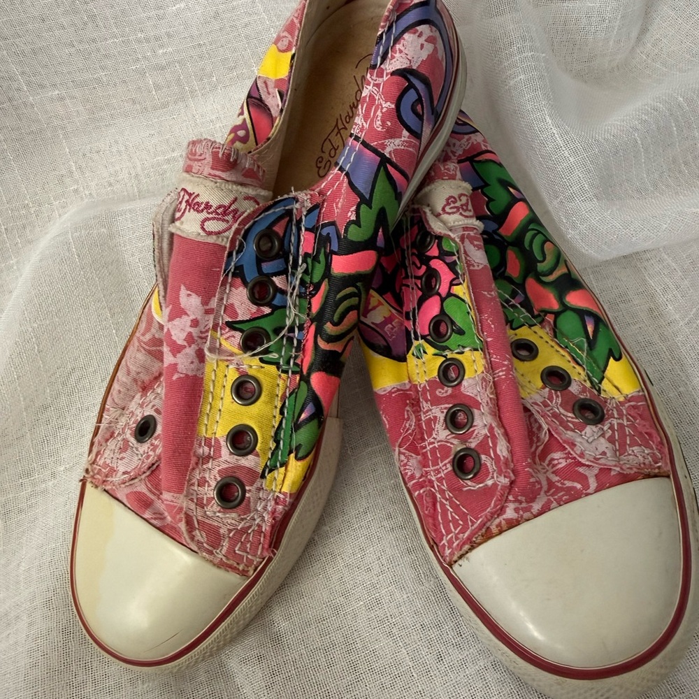 Ed Hardy Women's Pink and Yellow Graphic Sneakers - Picture 4 of 7